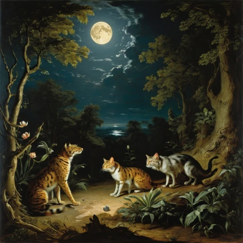 night scene,hunting scene,animals hunting,woodland animals,wolves,werewolves,forest animals,cats playing,the night of kupala,hunting dogs,animal lane,moonlit night,landseer,fox hunting,foxes,fantasy picture,werewolf,night watch,felidae,fauna,Art,Classical Oil Painting,Classical Oil Painting 37