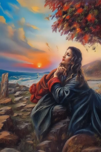 oil painting on canvas,girl lying on the grass,fantasy picture,oil painting,landscape background,girl on the dune,romantic portrait,romantic scene,art painting,girl with tree,woman playing,oil on canvas,little girl in wind,fantasy art,praying woman,idyll,relaxed young girl,world digital painting,woman eating apple,the sleeping rose,Illustration,Paper based,Paper Based 04