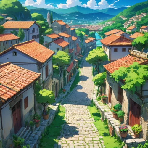 mountain village,alpine village,medieval town,meteora,aurora village,knight village,escher village,villages,studio ghibli,blocks of houses,medieval street,ancient city,mountain settlement,the old town,old village,village life,old town,village,the cobbled streets,village street,Illustration,Japanese style,Japanese Style 03