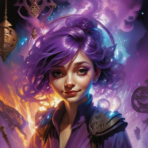 fantasy portrait,la violetta,sorceress,magic grimoire,fae,rosa ' amber cover,violet head elf,the enchantress,fantasy art,acerola,zodiac sign libra,mage,purple,heroic fantasy,mystical portrait of a girl,cg artwork,fantasy picture,dodge warlock,libra,medusa,Illustration,Realistic Fantasy,Realistic Fantasy 14