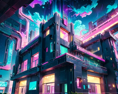 cyberpunk,colorful city,metropolis,panoramical,apartment block,fantasy city,fractal environment,futuristic landscape,colorful facade,apartment building,futuristic,cubic,anomaly,urban,cityscape,skyscraper,sky apartment,mixed-use,dystopia,apartment complex,Anime,Anime,General