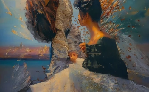 the annunciation,oil painting on canvas,fantasy art,wedding couple,fantasy picture,fire and water,oil painting,dancing couple,photomanipulation,sun bride,love in the mist,oil on canvas,baptism of christ,the wind from the sea,bride and groom,eruption,lover's grief,art painting,sirens,photo painting,Illustration,Paper based,Paper Based 04