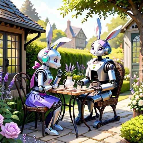 tea party,romantic meeting,teatime,afternoon tea,tearoom,serenade,dinner for two,chatting,garden party,tea time,cat's cafe,rabbits,bunnies,romantic scene,knight village,romantic dinner,date,easter rabbits,high tea,floral greeting,Anime,Anime,Cartoon