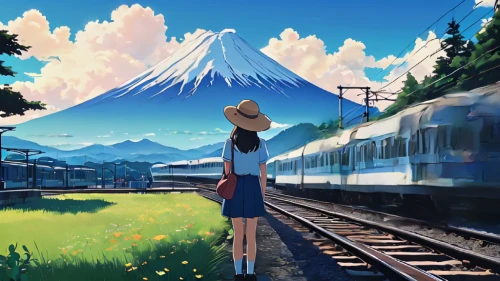 studio ghibli,darjeeling,the girl at the station,travel poster,train ride,japan landscape,last train,shinkansen,traveler,train,journey,tsumugi kotobuki k-on,amtrak,long-distance train,hokkaido,train station,korail,fuji,track,japan,Illustration,Japanese style,Japanese Style 14