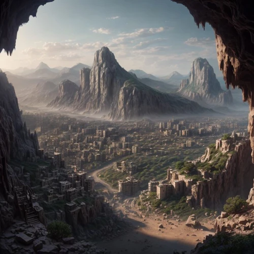 ancient city,the valley of the,petra,valerian,valley of death,fantasy landscape,meteora,mesa,full hd wallpaper,zion,mountain world,valley,futuristic landscape,mountainous landscape,canyon,giant mountains,mountain valleys,the landscape of the mountains,mountainous landforms,mountain settlement