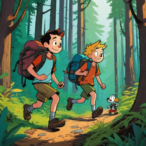 hikers,forest walk,happy children playing in the forest,cartoon forest,backpacking,kids illustration,hiking,adventure,hiker,creek,travelers,in the forest,exploration,trail,hike,pines,stroll,wander,the woods,exploring,Illustration,Paper based,Paper Based 27
