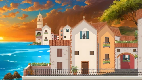 seaside resort,santorini,resort town,houses clipart,sanji,mediterranean,taormina,castel,portofino,seaside view,fantasy city,landscape background,cartoon video game background,house by the water,seaside country,apartment house,castle of the corvin,holiday villa,sky apartment,scilla