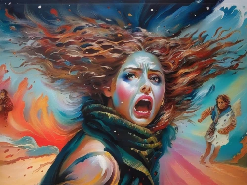 psychedelic art,oil painting on canvas,astonishment,woman pointing,scared woman,oil on canvas,shamanic,woman playing,dali,exploding head,oil painting,woman walking,street artist,the girl's face,fire dancer,fire artist,shamanism,art painting,ecstatic,painting technique,Illustration,Paper based,Paper Based 04
