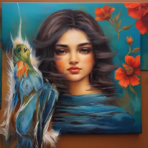 water nymph,moana,flower painting,fantasy portrait,oil painting on canvas,water lotus,nami,water rose,oil painting,art painting,rosa ' amber cover,oil on canvas,flora,mystical portrait of a girl,girl in flowers,hula,water flower,mermaid background,romantic portrait,blue rose,Illustration,Paper based,Paper Based 04