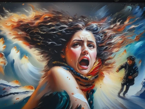 street artist,scared woman,street artists,oil painting on canvas,exploding head,woman playing,art painting,graffiti art,fire artist,rage,painting technique,turmoil,popular art,the girl's face,astonishment,art,streetart,anger,oil painting,fantasy art,Illustration,Paper based,Paper Based 04