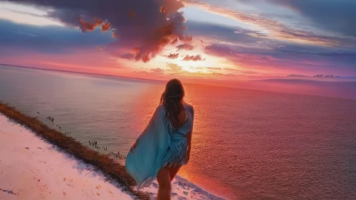 fantasy picture,the horizon,girl on the dune,daybreak,photomanipulation,photo manipulation,the endless sea,tramonto,blue moon rose,sea breeze,blue moment,awakening,eternity,eventide,atmosphere sunrise sunrise,sun and sea,dreamland,sunrise,splendid colors,setting sun,Illustration,Paper based,Paper Based 04