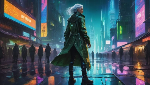 cyberpunk,transistor,walking in the rain,dystopian,pedestrian,metropolis,futuristic,shinjuku,matrix,sci fiction illustration,shibuya,cityscape,girl walking away,dystopia,in the rain,a pedestrian,long coat,taipei,cg artwork,tokyo city,Art,Classical Oil Painting,Classical Oil Painting 13