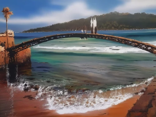 three point arch,humpback bridge,dragon bridge,rainbow bridge,bridge arch,fishing pier,angel bridge,wooden bridge,hangman's bridge,devil's bridge,spit bridge,arch bridge,world digital painting,tied-arch bridge,beach landscape,painting technique,golden bridge,scenic bridge,stone arch,burned pier,Illustration,Paper based,Paper Based 04