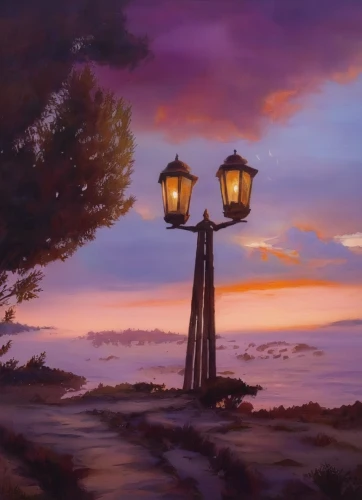 street lamps,purple landscape,lamp post,fantasy landscape,gas lamp,evening atmosphere,landscape background,lamplighter,lamppost,light posts,street lamp,night scene,lantern,streetlamp,studio ghibli,dusk background,light post,lanterns,iron street lamp,world digital painting,Illustration,Paper based,Paper Based 04