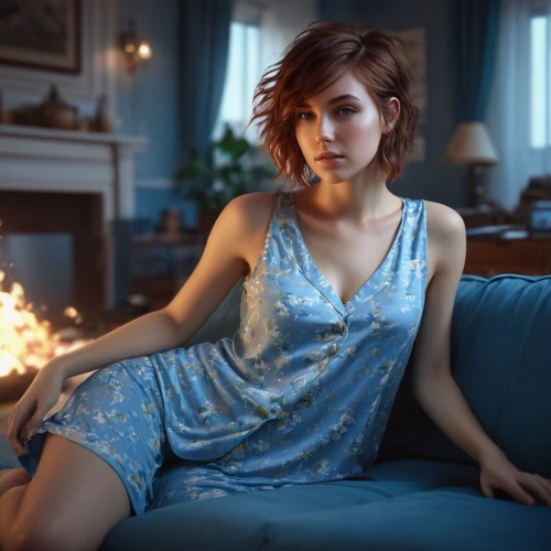 nightgown,pajamas,blue dress,denim jumpsuit,torn dress,retro woman,retro girl,lis,see-through clothing,cocktail dress,burning hair,pjs,a girl in a dress,romantic portrait,blue checkered,overalls,nora,fire pearl,girl in overalls,the girl in nightie,Conceptual Art,Fantasy,Fantasy 11