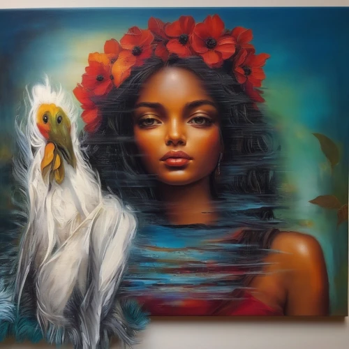 oil painting on canvas,polynesian girl,moana,oil on canvas,mural,indigenous painting,wall art,girl in flowers,meticulous painting,bird of paradise,frida,polynesian,flower painting,art painting,flora,sacred art,boho art,african art,oil painting,african american woman,Illustration,Paper based,Paper Based 04