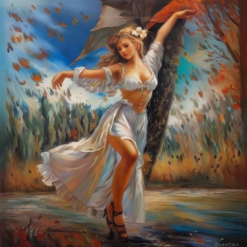 dancer,autumn background,faerie,ballerina in the woods,fantasy art,fantasy picture,falling on leaves,autumn leaves,throwing leaves,oil painting on canvas,autumn landscape,oil painting,autumn idyll,the autumn,faery,vintage angel,passion butterfly,twirling,cupido (butterfly),light of autumn,Illustration,Paper based,Paper Based 04