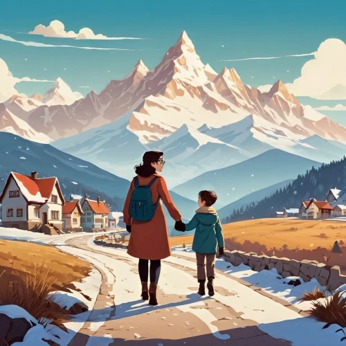 travel poster,digital nomads,girl and boy outdoor,travelers,mountain scene,kids illustration,zermatt,the alps,children's background,walk with the children,valais,mountain village,alpine village,the spirit of the mountains,alps,alpine crossing,mountains,high alps,mountain world,eiger