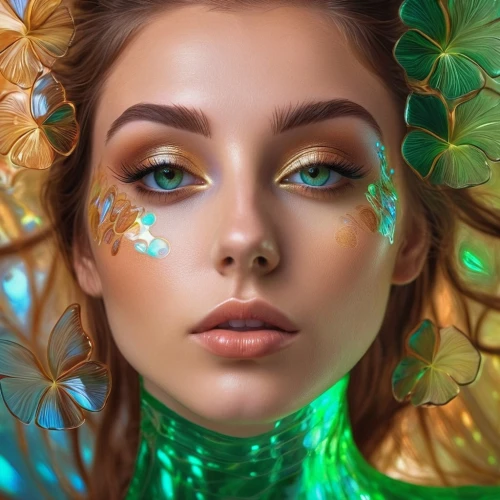 fantasy portrait,neon makeup,green eyes,digital painting,colorful floral,world digital painting,flora,digital art,green bubbles,flower painting,glitter leaves,spring leaf background,flower art,colorful background,fairy peacock,clovers,emerald,floral background,poison ivy,faery,Photography,Artistic Photography,Artistic Photography 03