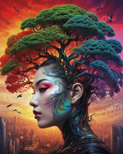 colorful tree of life,girl with tree,tree crown,tree of life,dryad,psychedelic art,bonsai,mother earth,flourishing tree,fractals art,painted tree,mother nature,fae,world digital painting,pachamama,fantasy art,sci fiction illustration,tree thoughtless,sacred fig,bodhi tree,Illustration,Realistic Fantasy,Realistic Fantasy 15