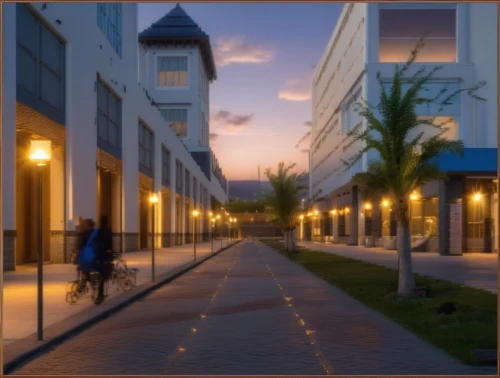 townhouses,bicycle path,shopping street,pedestrian zone,paved square,street view,new housing development,bike path,khobar,kansai university,bicycle lane,old linden alley,street lamps,townscape,apartment buildings,blocks of houses,promenade,the boulevard arjaan,prefabricated buildings,street scene,Photography,General,Realistic