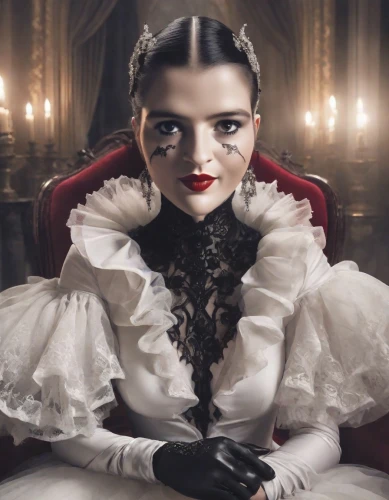 gothic portrait,gothic fashion,vampire lady,queen of hearts,vampire woman,victorian lady,gothic woman,snow white,victorian style,the victorian era,porcelain doll,gothic style,dead bride,porcelain dolls,vampire,cruella de ville,white rose snow queen,bridal clothing,pierrot,cinderella,Photography,Cinematic