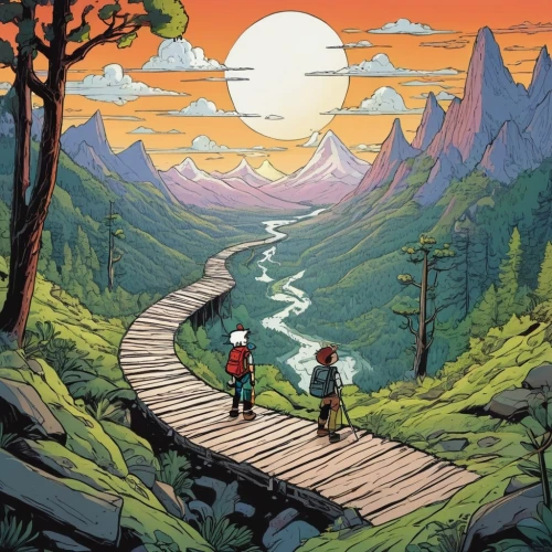 studio ghibli,adventure game,moc chau hill,monkey island,travelers,shirakami-sanchi,forest workers,hikers,alpine crossing,magical adventure,hiking path,adventure,mountain world,cartoon forest,journey,wander,travel poster,cool woodblock images,river pines,adventurer,Illustration,Paper based,Paper Based 27