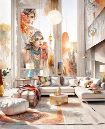 girl in the kitchen,3d fantasy,doll kitchen,cosmetics counter,fantasy picture,cg artwork,game illustration,fantasy art,star kitchen,sci fiction illustration,big kitchen,painter doll,the kitchen,kitchen,meticulous painting,the little girl's room,cooking book cover,bazaar,confectioner,tile kitchen