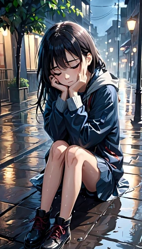 crying heart,worried girl,child crying,lonely child,in the rain,lonely,sorrow,depressed woman,rainy,rain,melancholy,tearful,alone,wall of tears,walking in the rain,2d,raining,loneliness,despair,rainy day