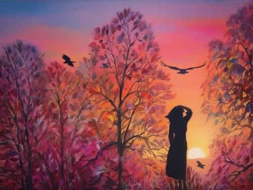 girl with tree,bird painting,songbirds,art painting,oil painting on canvas,nocturnal bird,the birds,birds singing,blue birds and blossom,humming birds,mumuration,the autumn,flightless bird,oil painting,mystical portrait of a girl,fantasy picture,birds with heart,girl in a long,autumn landscape,girl in flowers,Illustration,Paper based,Paper Based 04