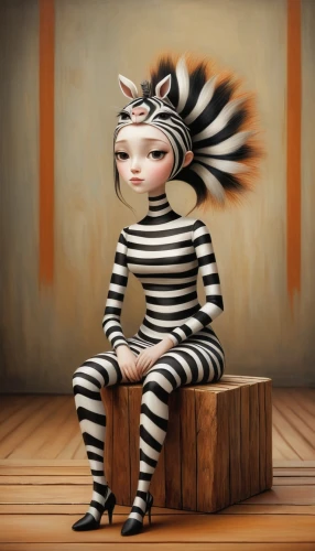 horizontal stripes,mime,anthropomorphized animals,mime artist,striped background,whimsical animals,agnes,prisoner,animals play dress-up,anthropomorphized,cute cartoon character,striped,madagascar,stripe,zebra,stripes,marionette,anthropomorphic,painter doll,circus animal,Illustration,Abstract Fantasy,Abstract Fantasy 06
