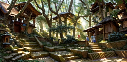 house in the forest,fairy village,wooden houses,mountain settlement,knight village,druid grove,tree house,tree house hotel,ancient city,greenforest,treehouse,hanging houses,asian architecture,escher village,ancient house,home landscape,aurora village,resort town,fantasy landscape,oasis
