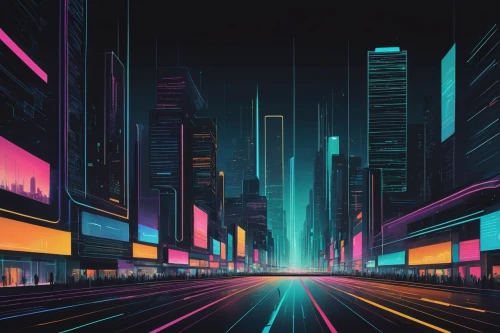 cityscape,cyberpunk,colorful city,metropolis,futuristic landscape,city highway,neon arrows,city lights,cities,tokyo city,futuristic,city at night,urban,abstract retro,highway lights,night highway,80s,80's design,tokyo,citylights,Illustration,Japanese style,Japanese Style 08