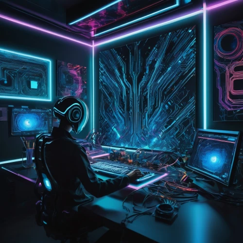 computer room,cyber,computer desk,cyberpunk,computer workstation,computer art,cyberspace,working space,computer,lan,desk,neon ghosts,3d background,creative office,neon coffee,music workstation,the server room,digiart,neon,fractal design,Illustration,Black and White,Black and White 09