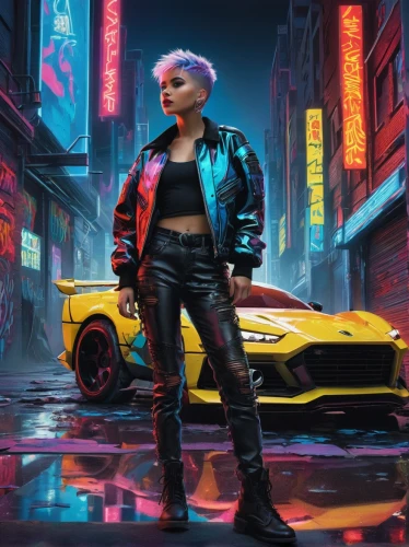 cyberpunk,80s,futuristic,80's design,girl and car,renegade,drive,miata,sci fiction illustration,corvette,neon lights,world digital painting,jacket,neon,eighties,dystopian,punk,birds of prey-night,neon arrows,digital painting,Conceptual Art,Sci-Fi,Sci-Fi 16