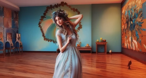 girl in a long dress,girl in a long dress from the back,long dress,mermaid background,bodypainting,blue room,digital compositing,art model,fairy peacock,majorelle blue,aphrodite,decorative figure,art photography,photo painting,photomanipulation,wall painting,conceptual photography,miss circassian,body painting,bridal dress,Illustration,Paper based,Paper Based 04