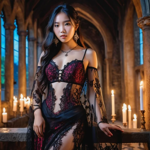 asian costume,asian woman,phuquy,gothic dress,baroque,see-through clothing,gothic portrait,velvet,ornate,gothic fashion,corset,mulan,asian girl,fire angel,candlelight,elegant,oriental princess,bodice,baroque angel,burlesque,Photography,General,Realistic