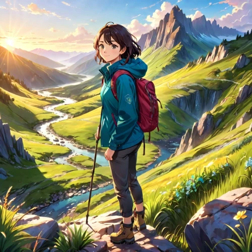 mountain guide,studio ghibli,mountain hiking,mountain world,the spirit of the mountains,meteora,hiker,alpine crossing,adventurer,hiking,mountain,cg artwork,traveler,nori,mountain scene,adventure,nico,shirakami-sanchi,hike,mountains,Anime,Anime,Traditional