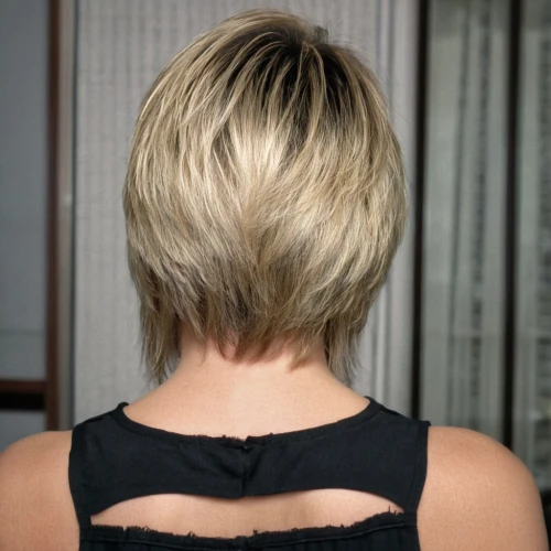 asymmetric cut,short blond hair,back of head,pixie cut,bob cut,pixie-bob,shoulder length,layered hair,bowl cut,golden cut,management of hair loss,colorpoint shorthair,short,surfer hair,hair shear,blonde,blond hair,hair cut,feathered hair,photo of the back,Photography,General,Realistic