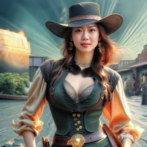 cowgirl,wild west,sheriff,cowgirls,western riding,western,steampunk,western film,vietnamese woman,dodge warlock,ara macao,gunfighter,phuquy,musketeer,country-western dance,cowboy hat,cowboy action shooting,chinese background,sombrero,mulan,Photography,General,Realistic