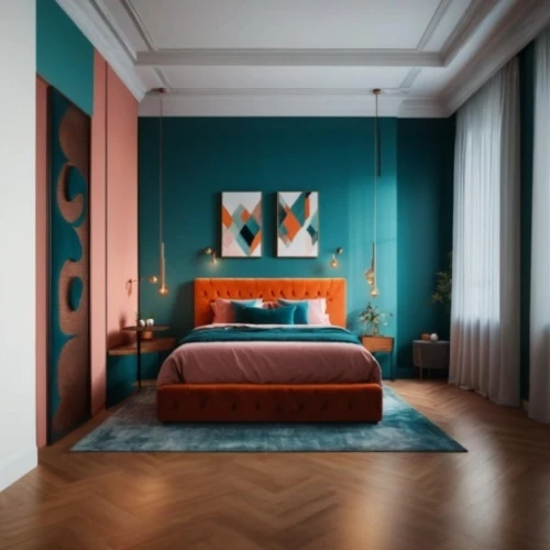 bedroom,teal and orange,modern room,danish room,guest room,sleeping room,modern decor,great room,blue room,children's bedroom,color turquoise,contemporary decor,interior decoration,interior decor,interior design,guestroom,parquet,an apartment,ornate room,color combinations