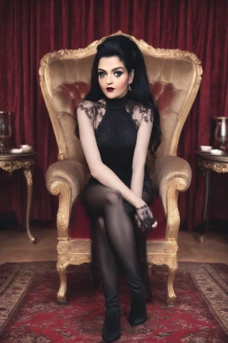 goth woman,gothic woman,gothic fashion,gothic dress,sitting on a chair,porcelain doll,dollhouse,gothic portrait,queen,vampira,throne,queen of puddings,the victorian era,rockabella,video clip,gothic style,sofa,marionette,goth like,queen of hearts,Photography,Cinematic