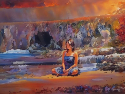 oil painting,beach landscape,girl on the dune,coastal landscape,oil painting on canvas,sunset cliffs,mona vale,woman sitting,woman at the well,photo painting,girl sitting,art painting,girl on the river,sea landscape,oil paint,rocky beach,cliff beach,world digital painting,navajo bay,italian painter,Illustration,Paper based,Paper Based 04