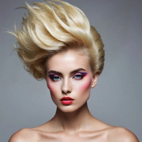 bouffant,artificial hair integrations,blonde woman,airbrushed,pixie-bob,women's cosmetics,pompadour,cool blonde,neon makeup,blond girl,feathered hair,trend color,mohawk hairstyle,hairdressing,blonde girl,gold-pink earthy colors,short blond hair,make-up,management of hair loss,hairstyler