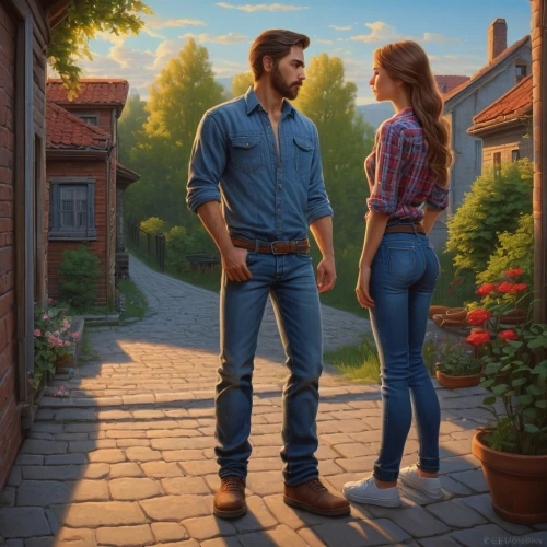 romantic portrait,young couple,romantic scene,bluejeans,girl and boy outdoor,cg artwork,farm background,summer evening,shepherd romance,man and wife,game illustration,jeans background,serenade,romantic meeting,idyll,rural,two people,vintage boy and girl,denim jeans,carpenter jeans,Illustration,Realistic Fantasy,Realistic Fantasy 27