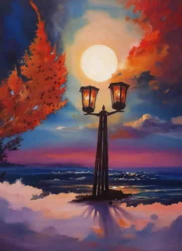 illuminated lantern,street lamps,lantern,streetlamp,gas lamp,outdoor street light,lamp post,street lamp,hanging lantern,art painting,lanterns,lamppost,light post,iron street lamp,oil painting on canvas,streetlight,light posts,blue lamp,street light,night scene,Illustration,Paper based,Paper Based 04