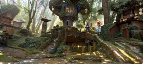 house in the forest,fairy village,mountain settlement,druid grove,tree house hotel,tree house,knight village,fairy house,treehouse,elves flight,escher village,aurora village,scandia gnomes,stilt houses,fantasy picture,witch's house,ancient house,elven forest,concept art,hanging houses