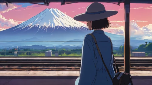 yamada's rice fields,straw hat,high sun hat,studio ghibli,darjeeling,ordinary sun hat,anime japanese clothing,would a background,scenery,straw hats,sun hat,japan landscape,the girl at the station,aonori,train ride,yellow sun hat,shinkansen,japanese background,yuki nagato sos brigade,the scenery,Illustration,Japanese style,Japanese Style 14