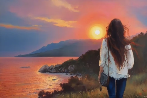 landscape background,oil painting on canvas,art painting,oil painting,world digital painting,photo painting,girl walking away,creative background,girl in a long,mystical portrait of a girl,colored pencil background,girl on the dune,watercolor background,fantasy picture,the horizon,oil on canvas,boho art,painting technique,love background,beautiful landscape,Illustration,Paper based,Paper Based 04
