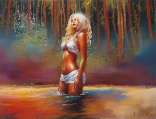 the blonde in the river,girl on the river,oil painting,oil painting on canvas,water nymph,blonde woman,woman at the well,girl on the dune,thermal spring,wet girl,art painting,immersed,blond girl,girl with tree,bathing,bodypainting,oil on canvas,siren,fantasy art,rusalka,Illustration,Paper based,Paper Based 04